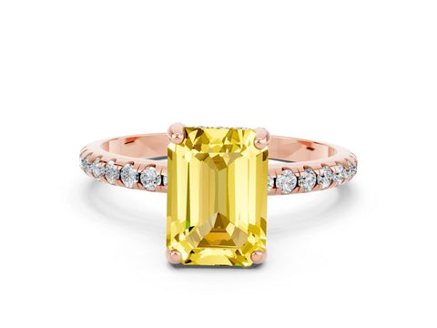 Rose gold Emerald Cut Diamond Solitaire Ring with Four-Prong Setting and Pavé Band