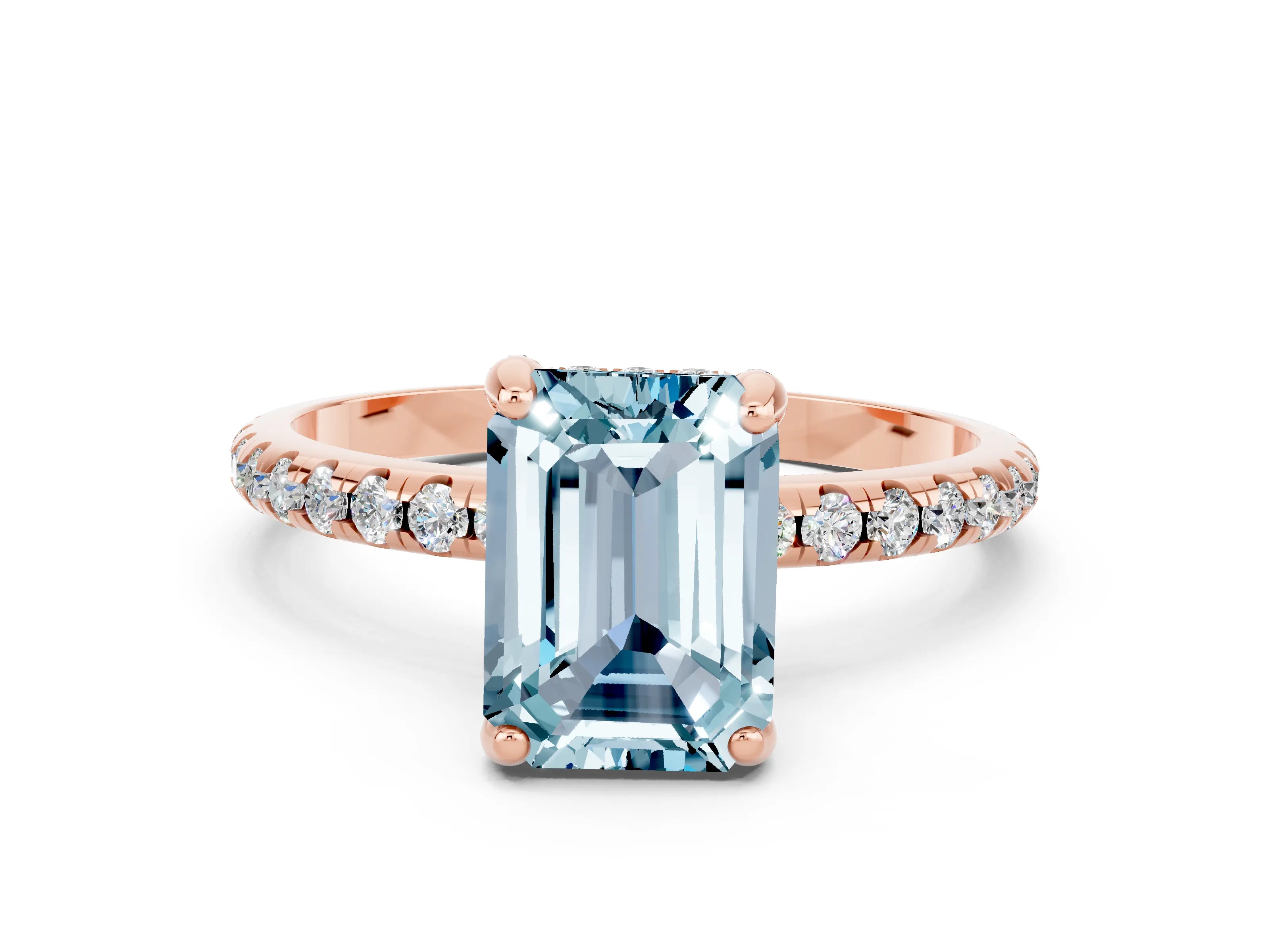 Rose gold Emerald Cut Diamond Solitaire Ring with Four-Prong Setting and Pavé Band