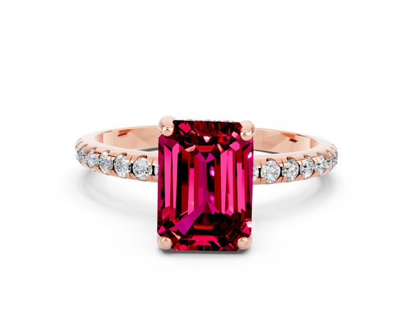 Rose gold Emerald Cut Garnet Hidden Halo Engagement Ring with Round Pavé Band and Prong Setting