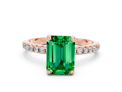 Rose gold Emerald Cut Diamond Solitaire Ring with Four-Prong Setting and Pavé Band