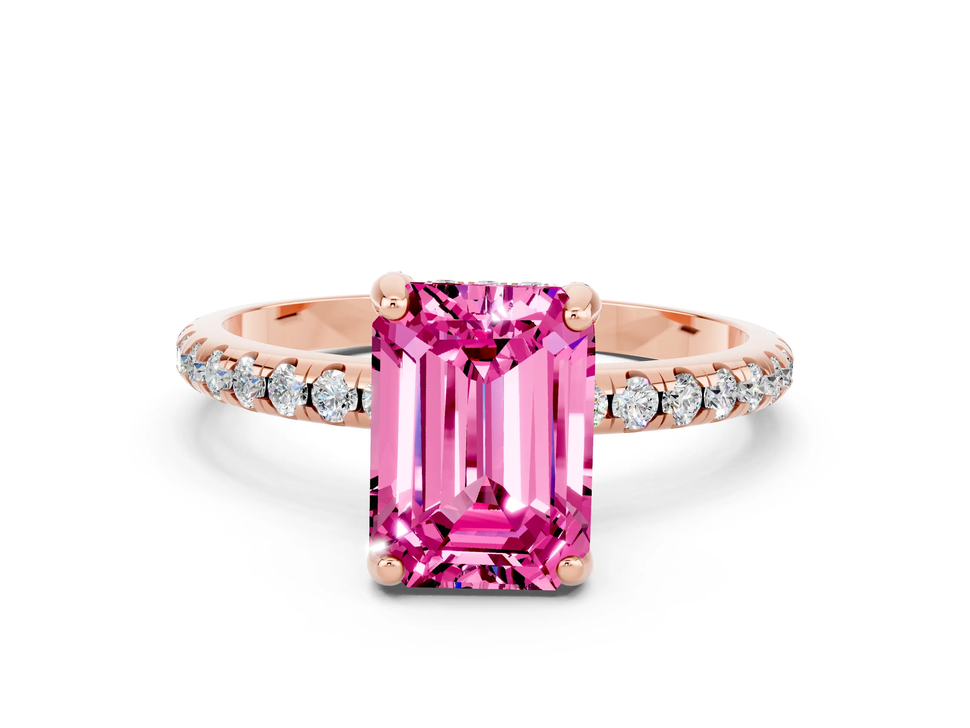Rose gold Emerald Cut Diamond Solitaire Ring with Four-Prong Setting and Pavé Band