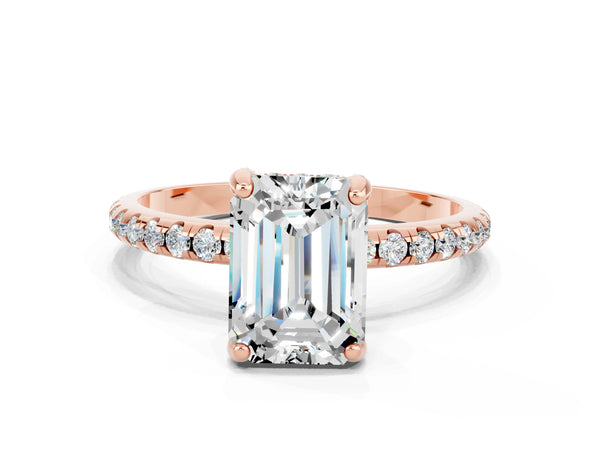 Rose gold Emerald Cut Moissanite Hidden Halo Engagement Ring with Round Pavé Band and Prong Setting