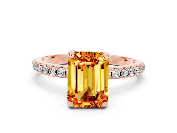 Rose gold Emerald Cut Citrine Hidden Halo Engagement Ring with Round Pavé Band and Prong Setting