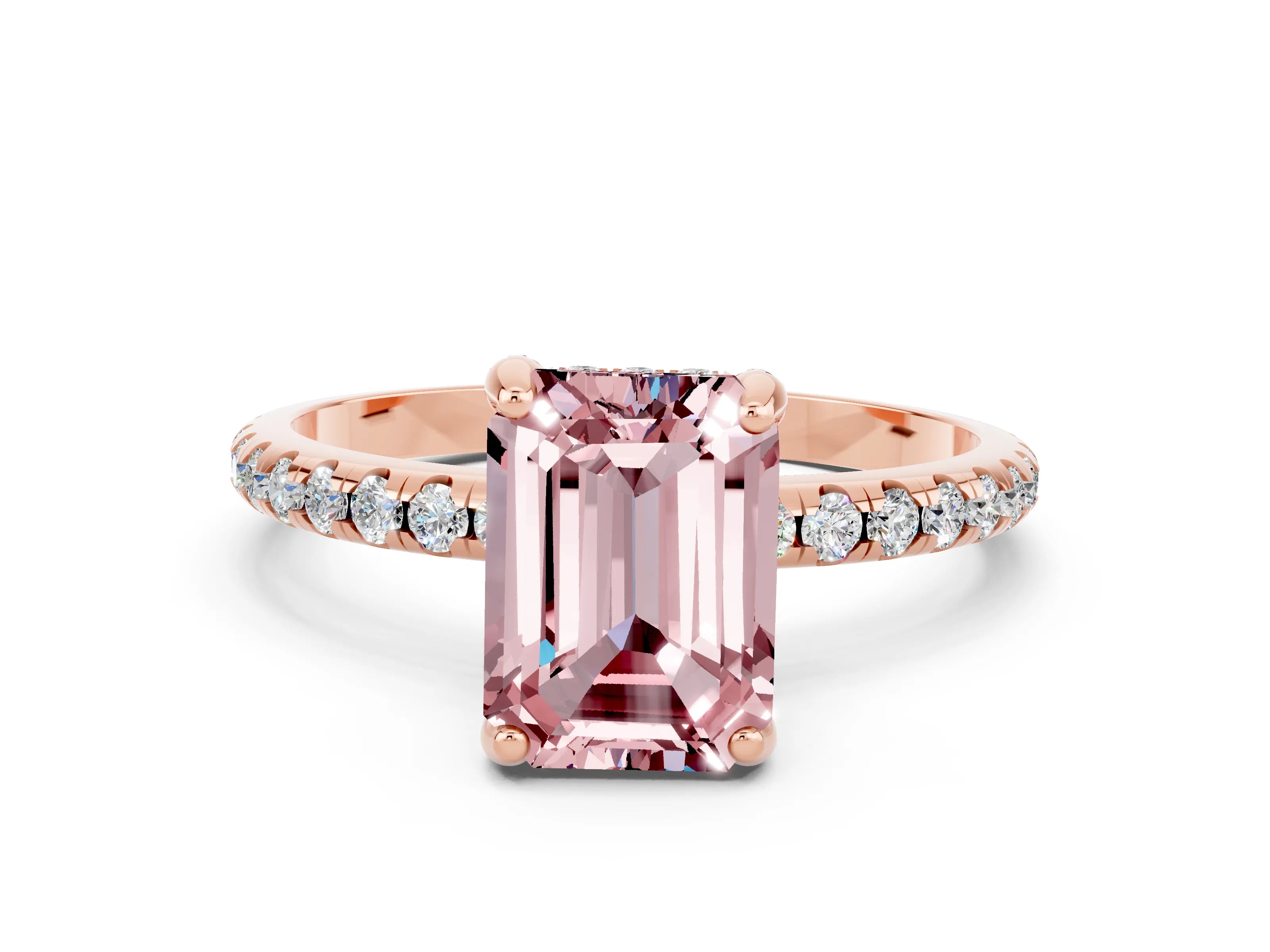 Rose gold Emerald Cut Diamond Solitaire Ring with Four-Prong Setting and Pavé Band