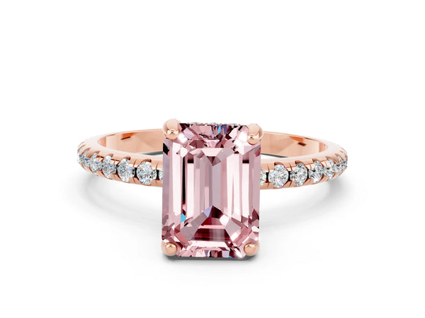 Rose gold Emerald Cut Diamond Solitaire Ring with Four-Prong Setting and Pavé Band