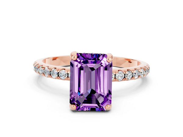 Rose gold Emerald Cut Amethyst Hidden Halo Engagement Ring with Round Pavé Band and Prong Setting