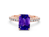 Rose gold Emerald Cut Diamond Solitaire Ring with Four-Prong Setting and Pavé Band