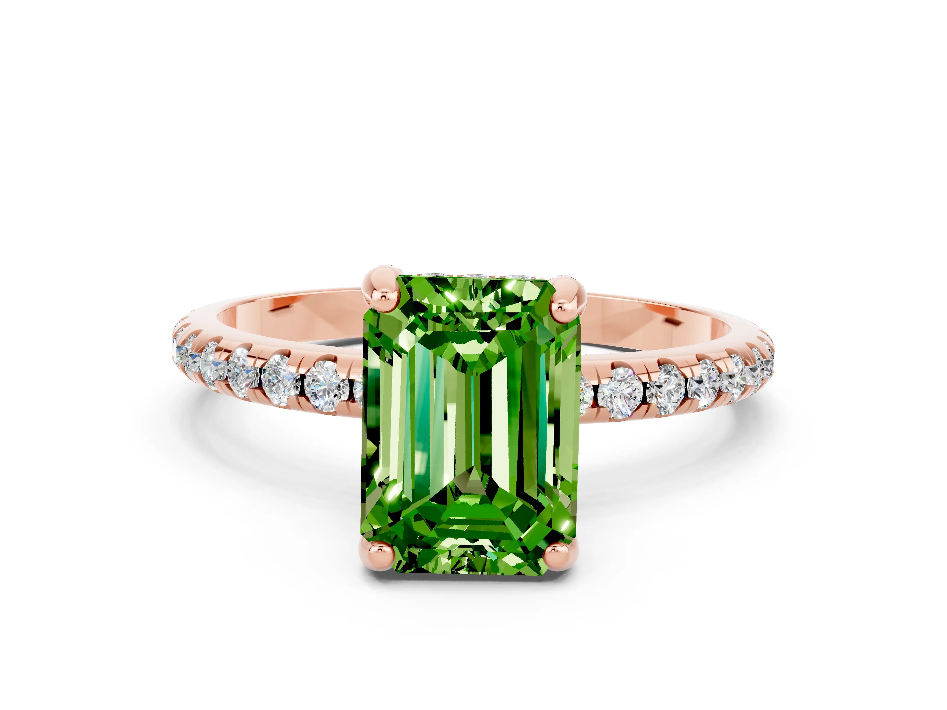Rose gold Emerald Cut Diamond Solitaire Ring with Four-Prong Setting and Pavé Band
