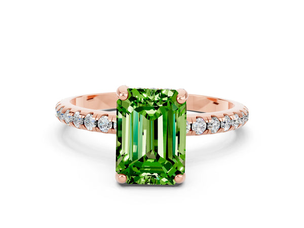 Rose gold Emerald Cut Diamond Solitaire Ring with Four-Prong Setting and Pavé Band