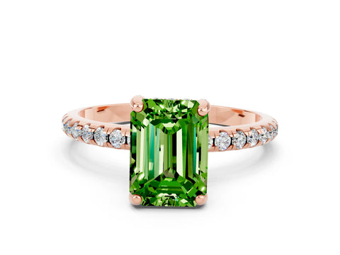 Rose gold Emerald Cut Diamond Solitaire Ring with Four-Prong Setting and Pavé Band