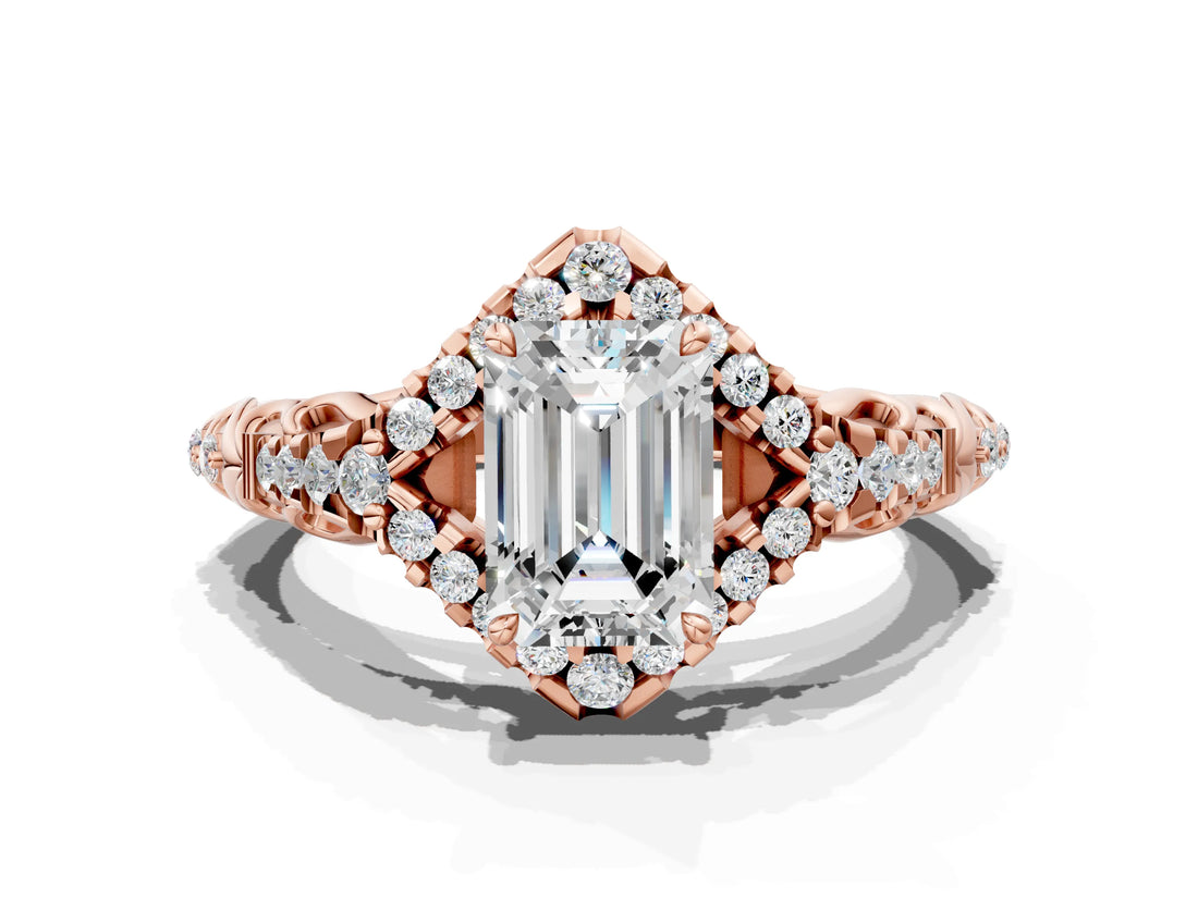 Rose gold Emerald Cut Diamond Solitaire Ring with Hidden Halo and Pavé Band_27