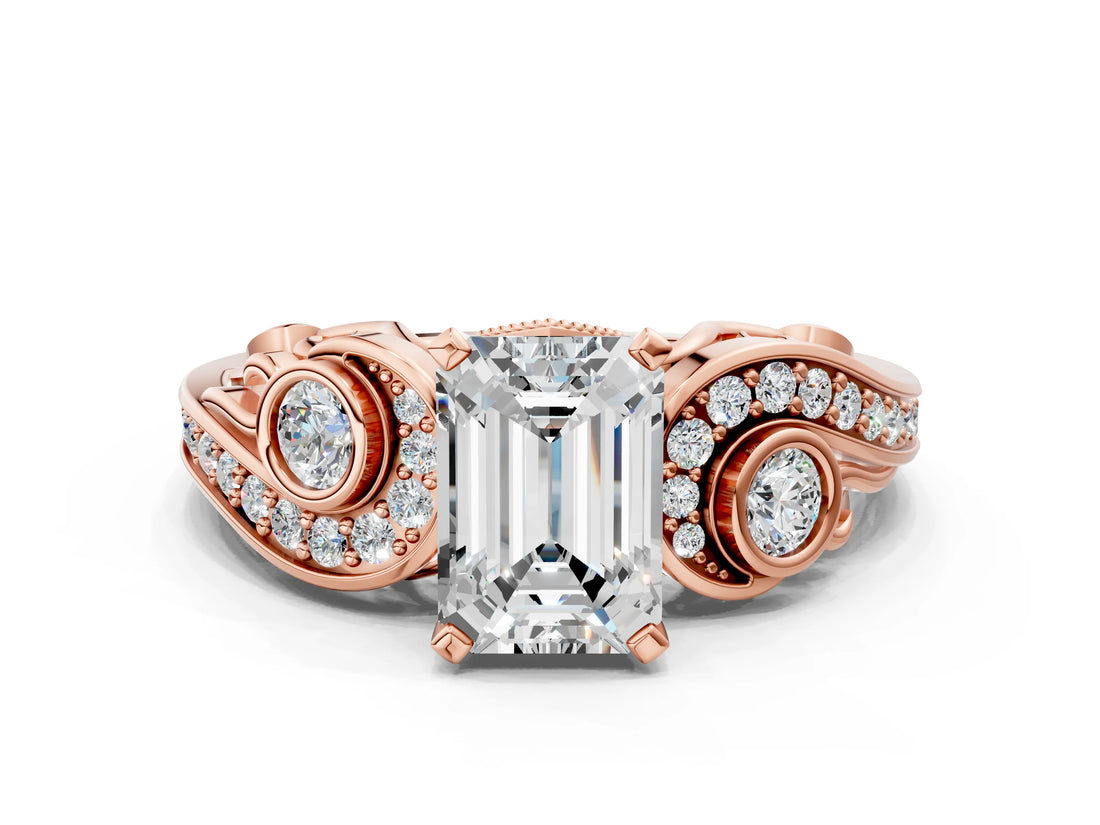 Rose gold Emerald Cut Diamond Solitaire Ring with Milgrain Pavé Band and Four-Prong Setting_192