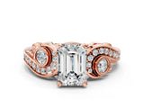 Rose gold Emerald Cut Diamond Solitaire Ring with Milgrain Pavé Band and Four-Prong Setting_192