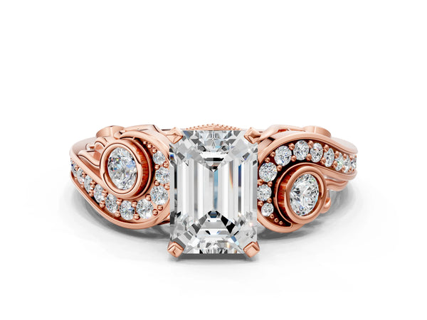 Rose Gold Emerald Cut Vintage Swirl Engagement Ring Setting with Bezel Side Accents