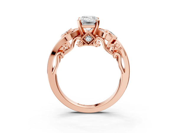 Rose Gold Emerald Cut Vintage Swirl Engagement Ring Setting with Bezel Side Accents