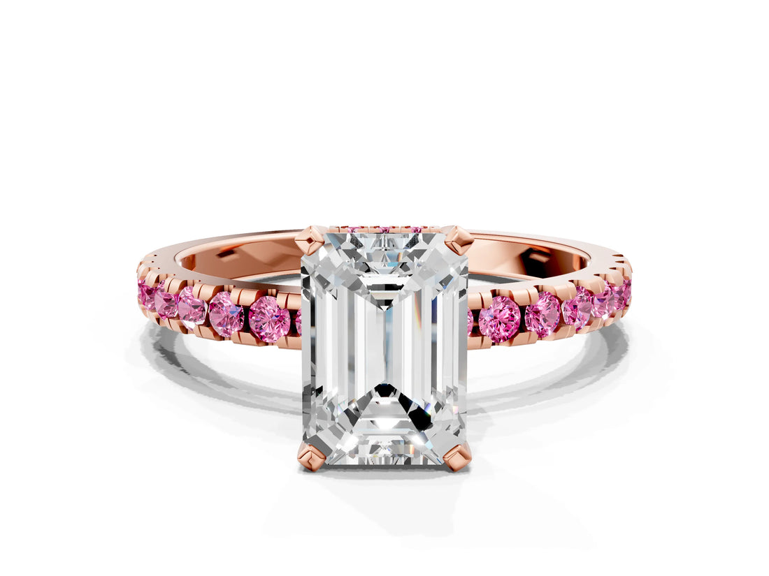 Rose gold Emerald Cut Diamond Solitaire Ring with Pavé Band and Four-Prong Setting
