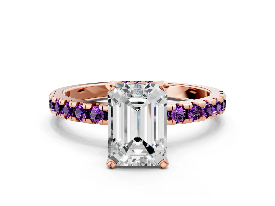Rose gold Emerald Cut Diamond Solitaire Ring with Pavé Band and Four-Prong Setting