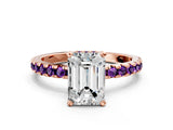 Rose gold Emerald Cut Diamond Solitaire Ring with Pavé Band and Four-Prong Setting