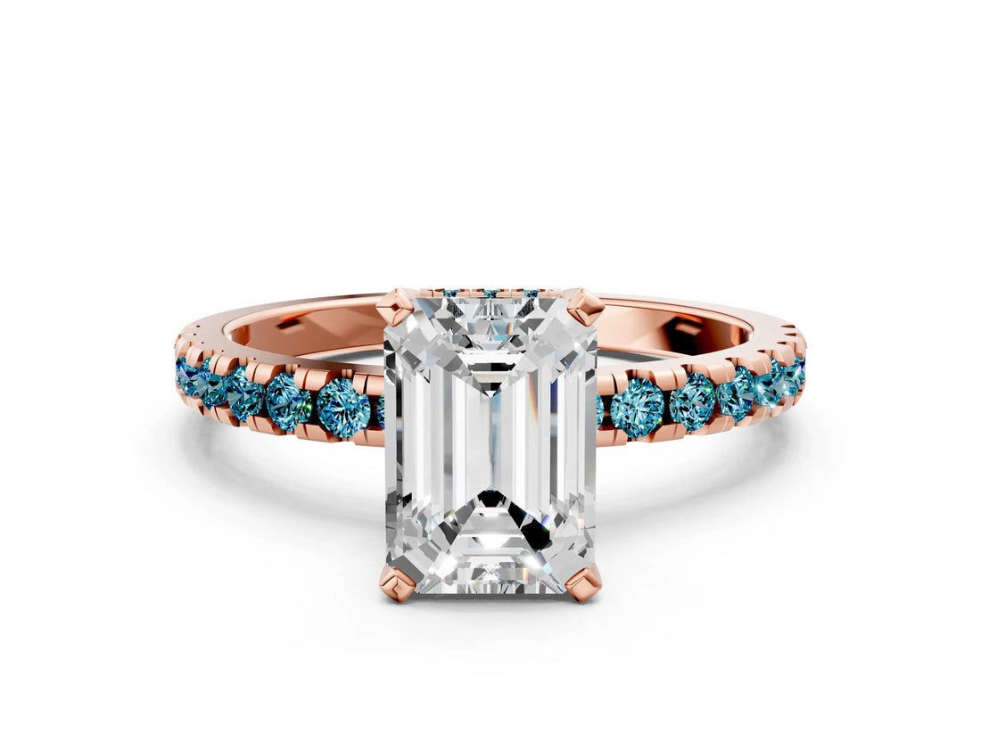 Rose gold Emerald Cut Diamond Solitaire Ring with Pavé Band and Four-Prong Setting