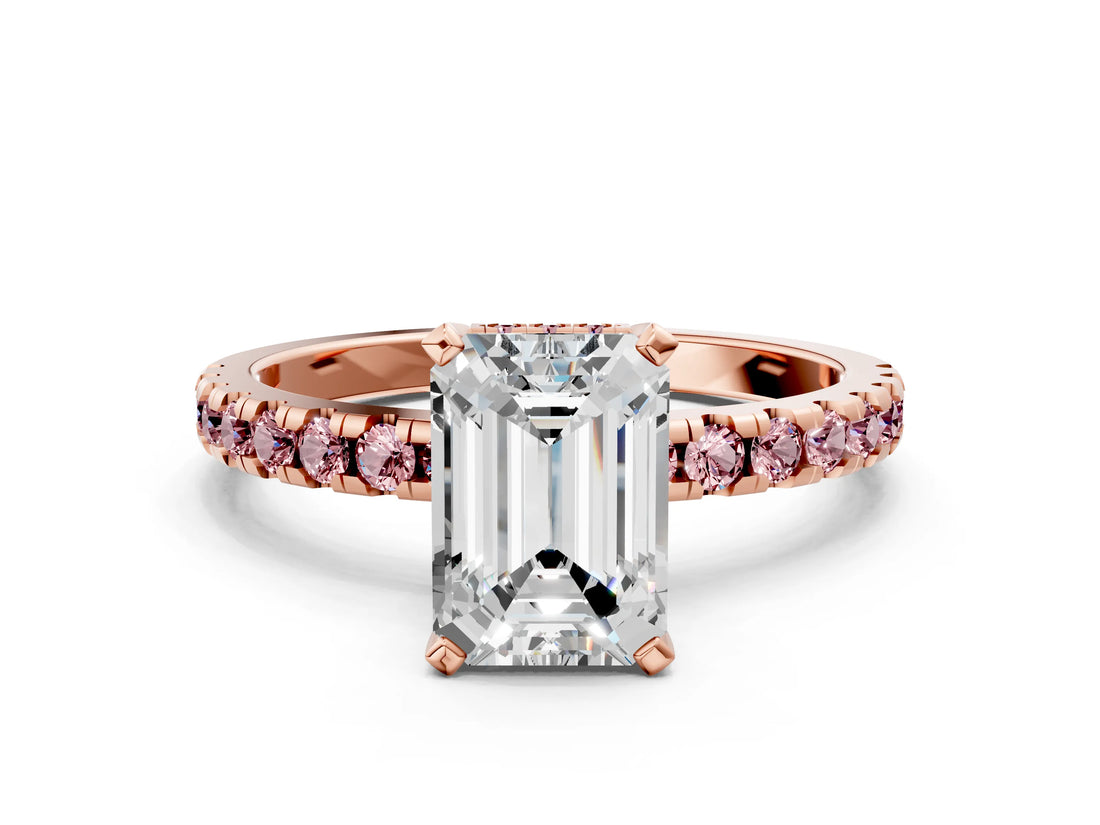 Rose gold Emerald Cut Diamond Solitaire Ring with Pavé Band and Four-Prong Setting