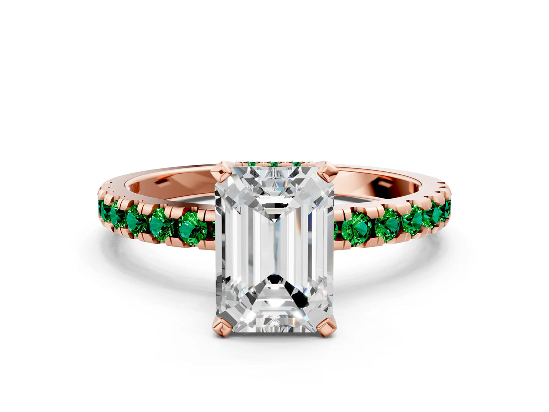 Rose gold Emerald Cut Diamond Solitaire Ring with Pavé Band and Four-Prong Setting