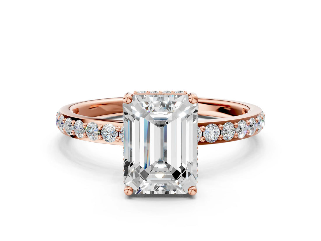 Rose gold Emerald Cut Diamond Solitaire Ring with Pavé Band and Hidden Halo_20