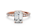 Rose gold Emerald Cut Diamond Solitaire Ring with Pavé Band and Hidden Halo_20