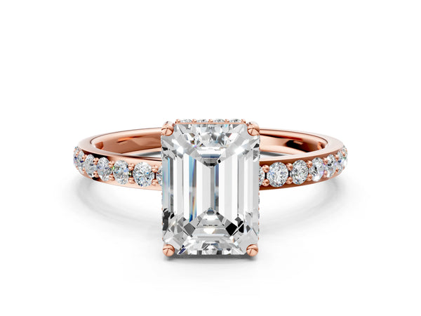 Rose gold Emerald Cut Diamond Solitaire Ring with Pavé Band and Hidden Halo