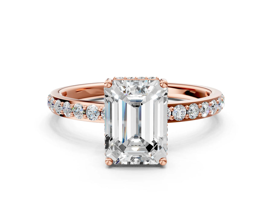 Rose gold Emerald Cut Diamond Solitaire Ring with Pavé Band and Hidden Halo