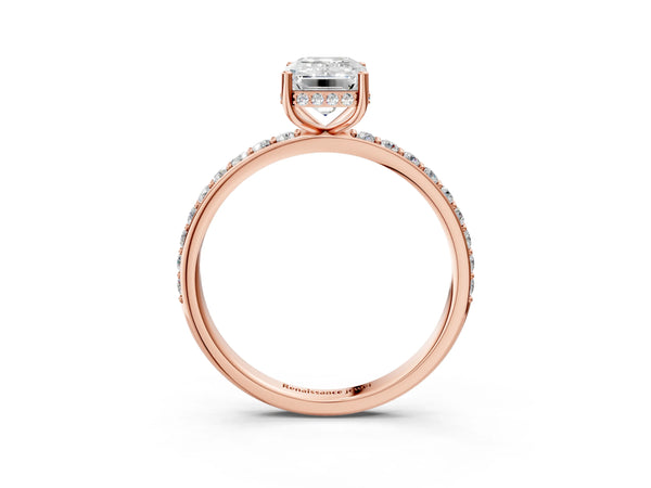 Rose gold Emerald Cut Diamond Solitaire Ring with Pavé Band and Hidden Halo