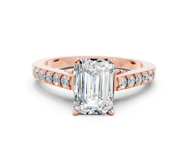 Rose gold Emerald Cut Moissanite Solitaire Ring with Crossover Gallery and Round  Pavé Band