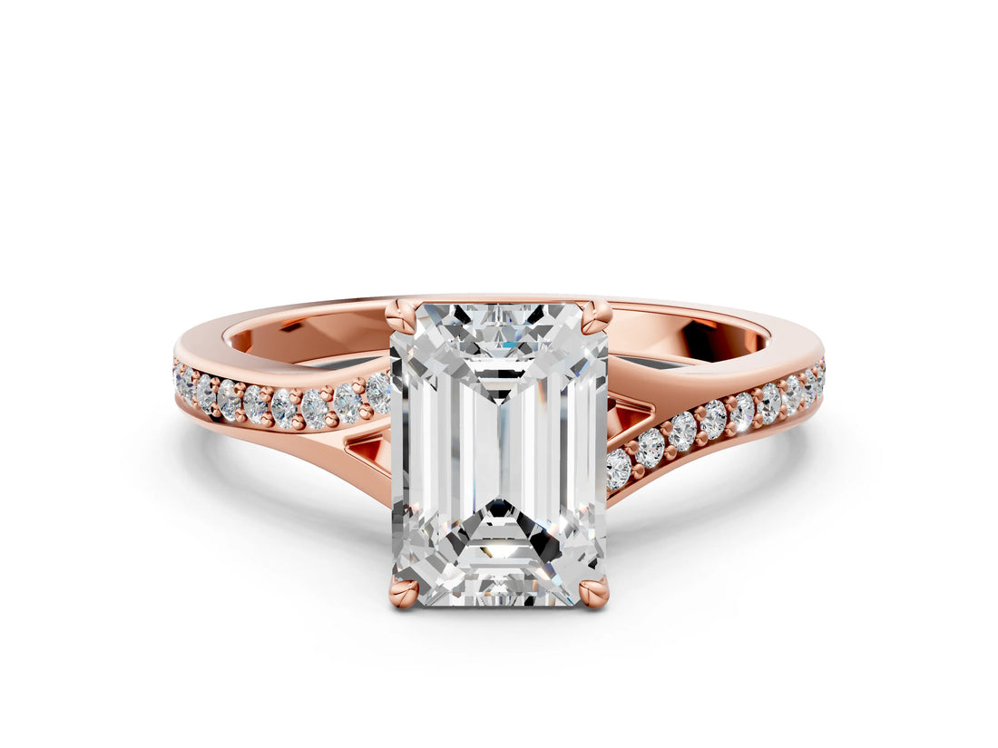 Rose gold Emerald Cut Diamond Solitaire Ring with Pavé Band and Prong Setting_12