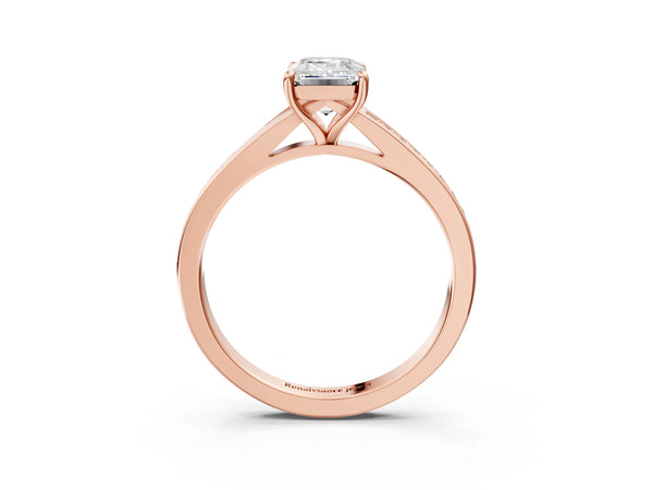 Rose gold Emerald Cut Diamond Solitaire Ring with Pavé Band and Prong Setting