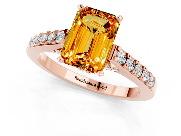 Rose gold Emerald Cut Citrine Solitaire Ring with Crossover Gallery and Round  Pavé Band