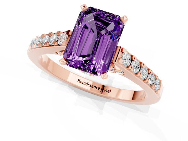 Rose gold Emerald Cut Amethyst Solitaire Ring with Crossover Gallery and Round  Pavé Band