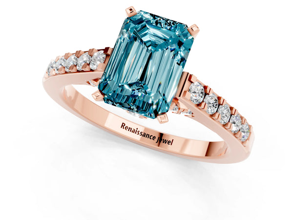 Rose gold Emerald Cut Blue Topaz Solitaire Ring with Crossover Gallery and Round  Pavé Band
