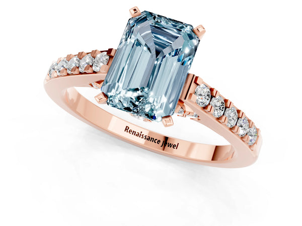 Rose gold Emerald Cut Aquamarine Solitaire Ring with Crossover Gallery and Round  Pavé Band