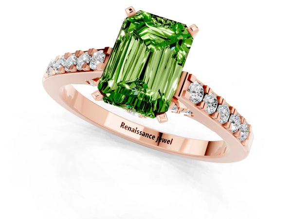 Rose gold Emerald Cut Peridot Solitaire Ring with Crossover Gallery and Round  Pavé Band