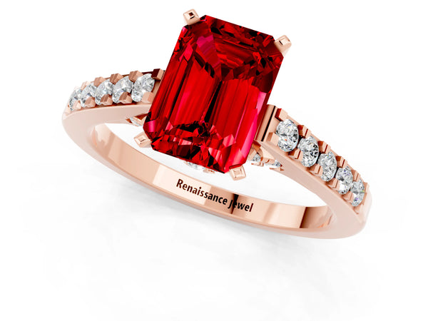 Rose gold Emerald Cut Ruby Solitaire Ring with Crossover Gallery and Round  Pavé Band