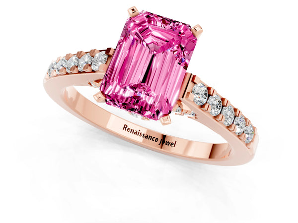 Rose gold Emerald Cut Pink Sapphire Solitaire Ring with Crossover Gallery and Round  Pavé Band