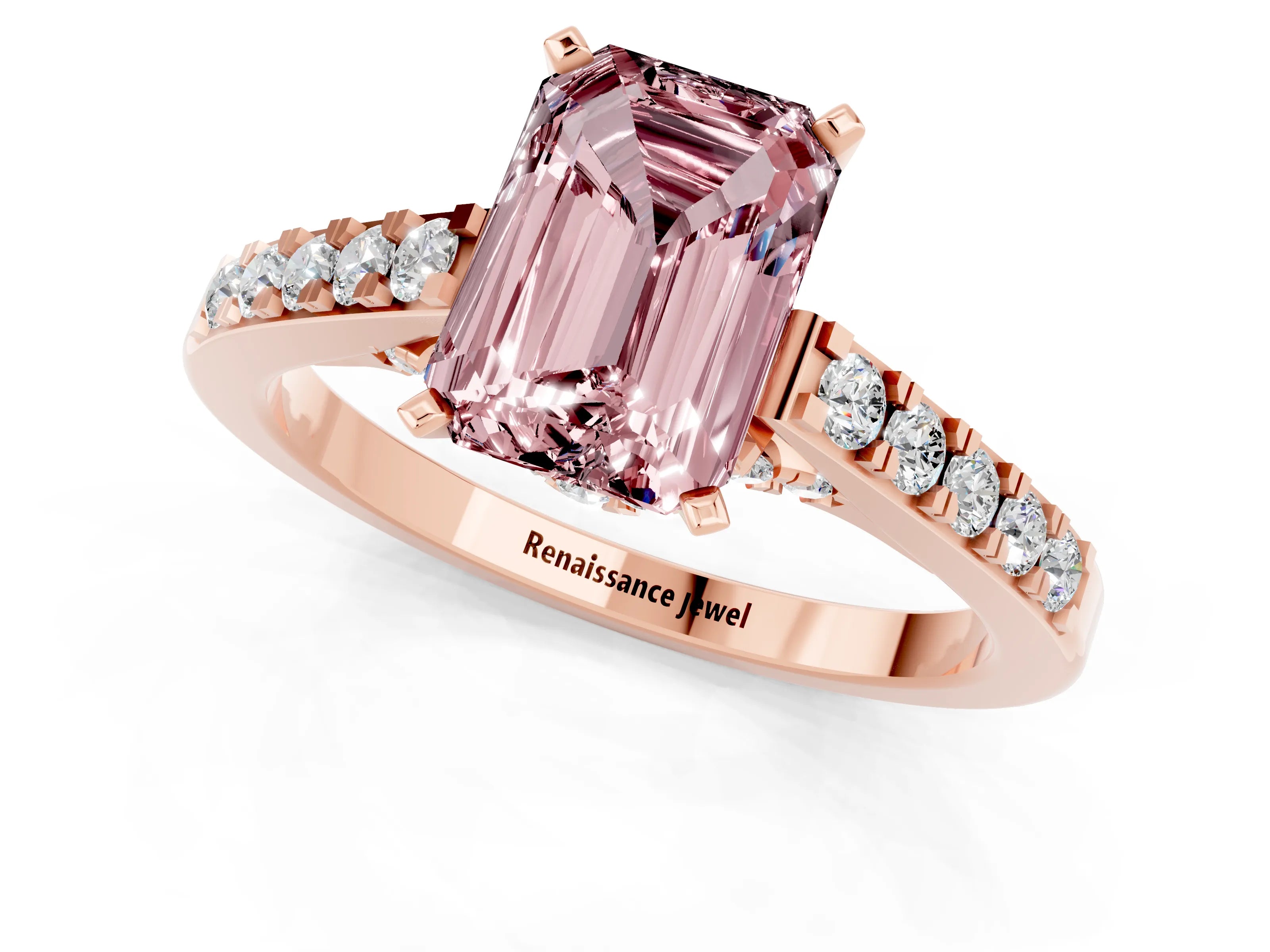 Rose gold Emerald Cut Diamond Solitaire Ring with Pavé Band and Prong Setting_1