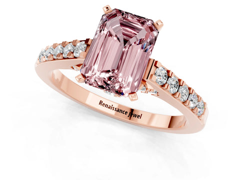 Rose gold Emerald Cut Diamond Solitaire Ring with Pavé Band and Prong Setting_1
