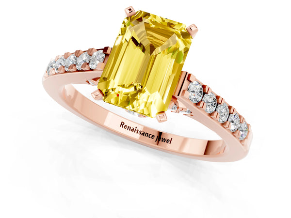 Rose gold Emerald Cut Yellow Sapphire Solitaire Ring with Crossover Gallery and Round  Pavé Band