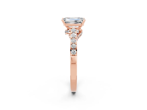 Rose gold Emerald Cut Moissanite Solitaire Ring with Crossover Gallery and Round  Pavé Band