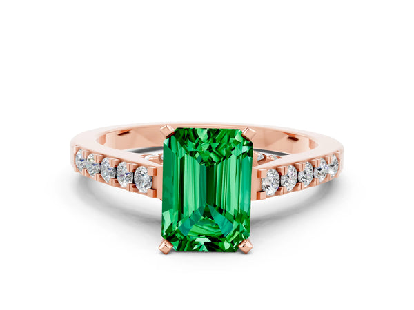 Rose gold Emerald Cut Emerald Solitaire Ring with Crossover Gallery and Round  Pavé Band