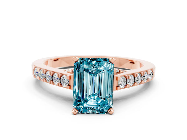 Rose gold Emerald Cut Blue Topaz Solitaire Ring with Crossover Gallery and Round  Pavé Band