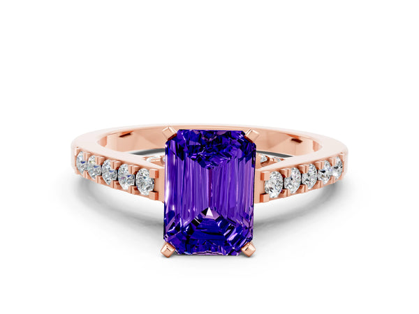 Rose gold Emerald Cut Tanzanite Solitaire Ring with Crossover Gallery and Round  Pavé Band