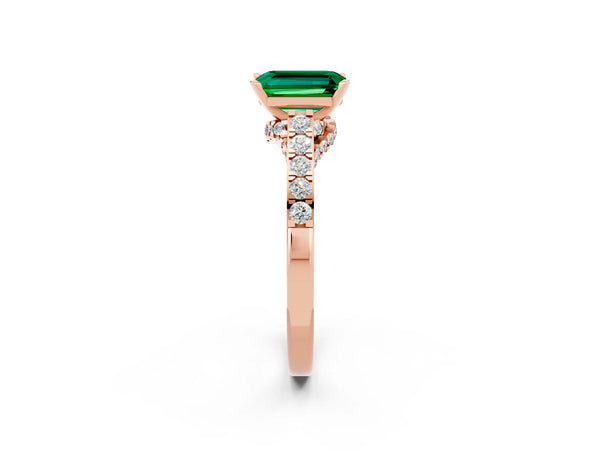 Rose gold Emerald Cut Emerald Solitaire Ring with Crossover Gallery and Round  Pavé Band