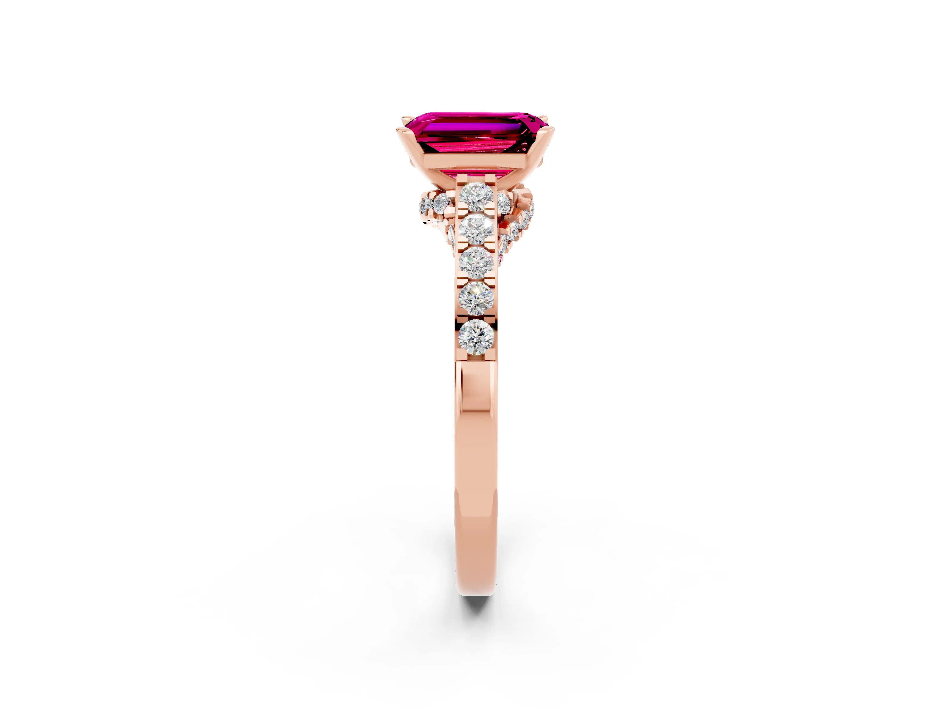 Rose gold Emerald Cut Diamond Solitaire Ring with Pavé Band and Prong Setting_2