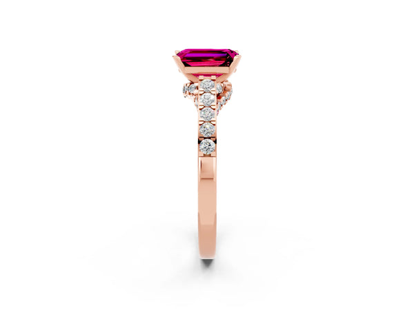 Rose gold Emerald Cut Garnet Solitaire Ring with Crossover Gallery and Round  Pavé Band
